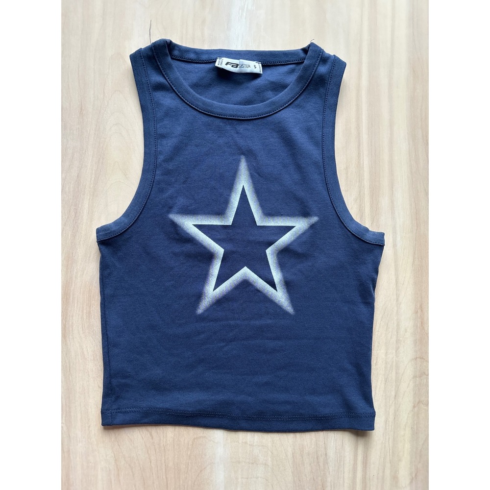 FB Sister Women Tank Top S Navy Blue Y2K Star Graphic Ribbed Cropped Streetwear